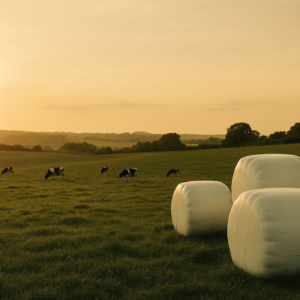 Black-and-white dairy cows grazing at golden hour beside white-wrapped silage bales